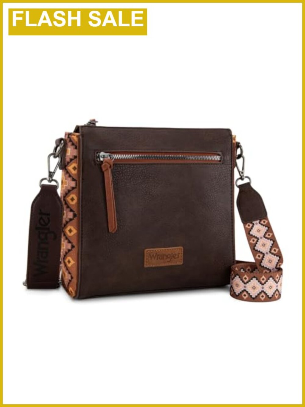 Wrangler Vegan Leather Crossbody Bag with Aztec Patchwork and Adjustable Strap